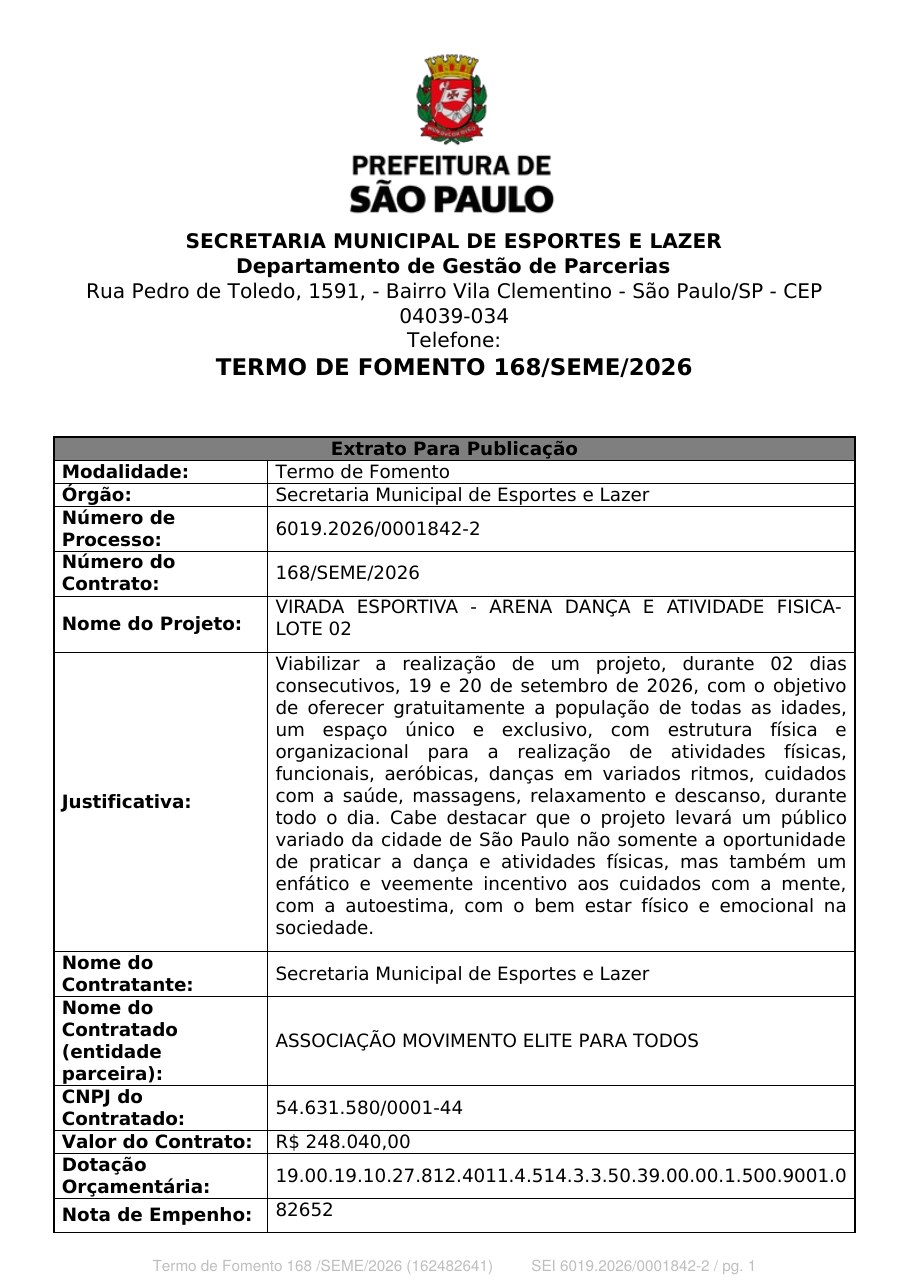 Primeira página do Termo de Fomento 168/SEME/2026 — Prefeitura de São Paulo, Secretaria Municipal de Esportes e Lazer